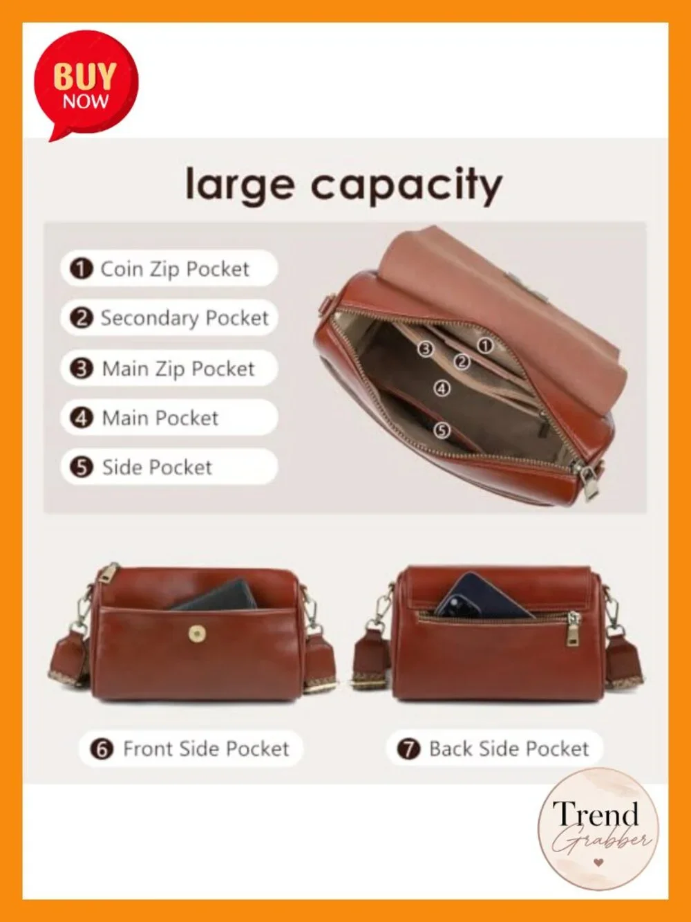 Genuine Leather Crossbody Bag with 2 Detachable Straps, 7 Pockets